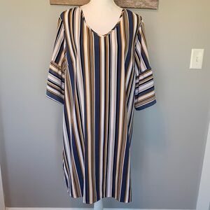Striped V-Neck Shift Dress in Navy, White & Mustard size 1-XL